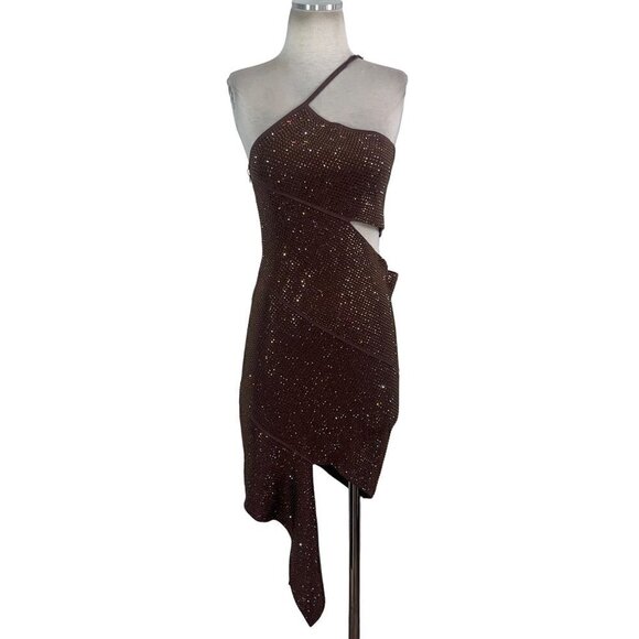 ANDREADAMO Full Strass Mono Shoulder Mini Dress in Brown Large New Womens - Picture 6 of 11
